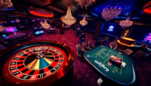 Players enjoy high stakes at an mm88pro casino table featuring roulette and vibrant chips.