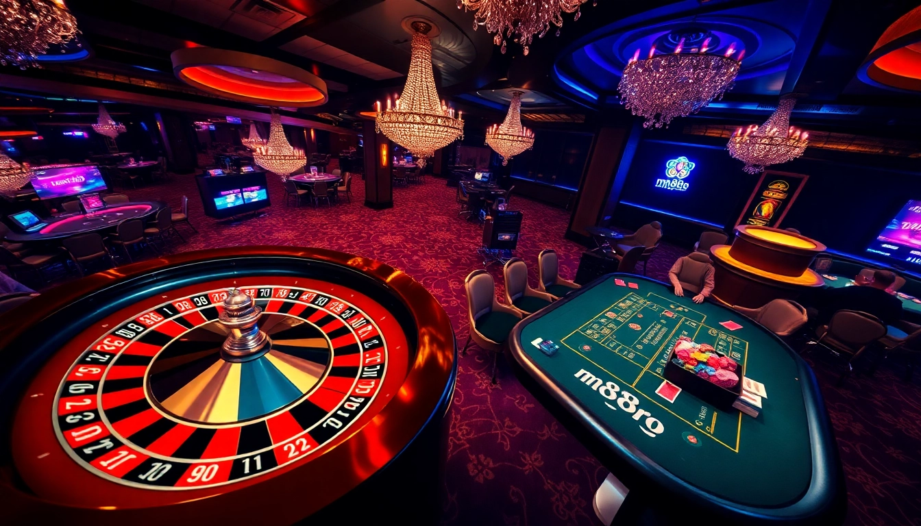 Players enjoy high stakes at an mm88pro casino table featuring roulette and vibrant chips.